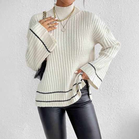 Women’s Knitted Sweater – Oversized Fit – Ribbed Texture – Mock Neck – Flared Sleeve