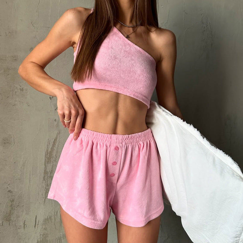 Women’s Lounge Set – One Shoulder Crop Top – Plush Fabric – Elastic Waist Shorts