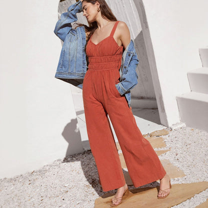 Women’s Jumpsuit – Cotton Linen Blend – Wide Leg – Sleeveless – Elastic Waist