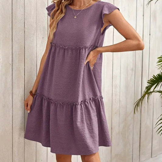 Women’s A-Line Dress – Relaxed Fit – V-Neck – Short Ruffle Sleeve – Tiered Hem