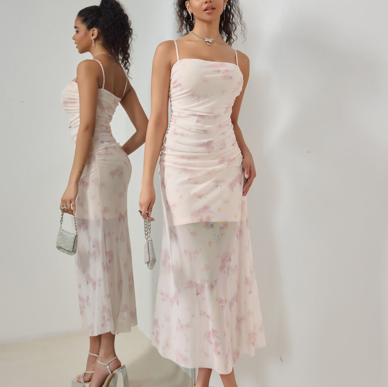 Women’s Maxi Dress – Slim Fit – Spaghetti Straps – Ruching Bodice – Mermaid Hem