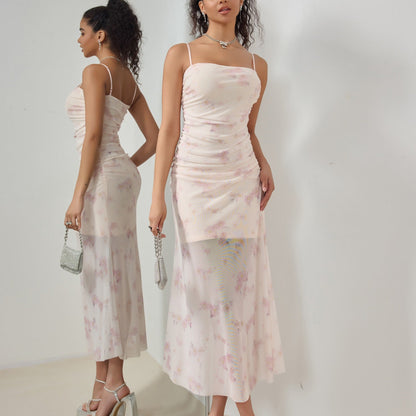 Women’s Maxi Dress – Slim Fit – Spaghetti Straps – Ruching Bodice – Mermaid Hem