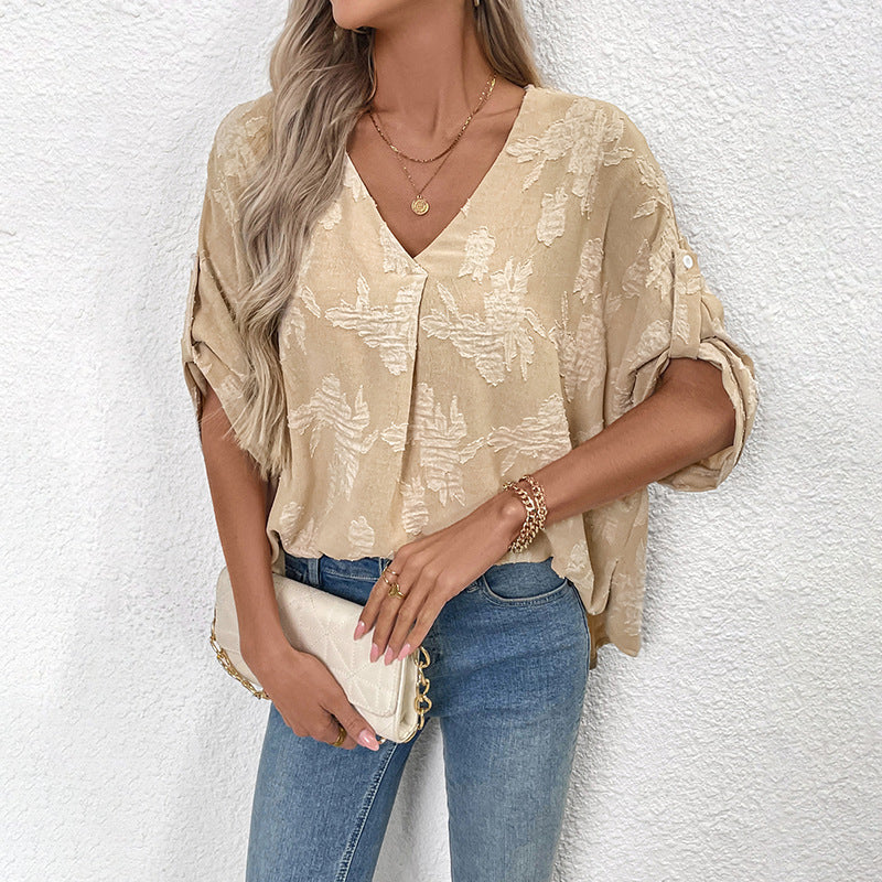 Women’s Blouse – Loose Fit – V-Neck – Textured Fabric – Lace-Up Side – Rolled Sleeves