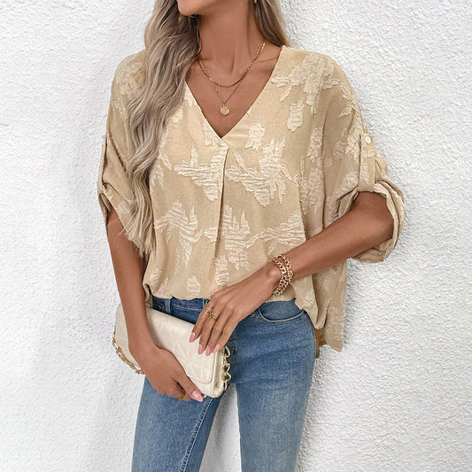 Women’s Blouse – Loose Fit – V-Neck – Textured Fabric – Lace-Up Side – Rolled Sleeves