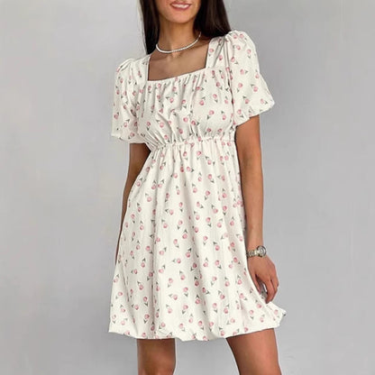 Women’s A-Line Dress – Cotton Blend – Square Neck – Puff Sleeves – Floral Mini Fit