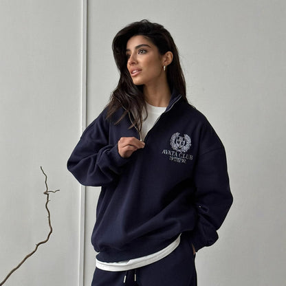 Women’s Sweatshirt – Oversized Fit – Half Zip – Embroidered Front – Cotton Blend