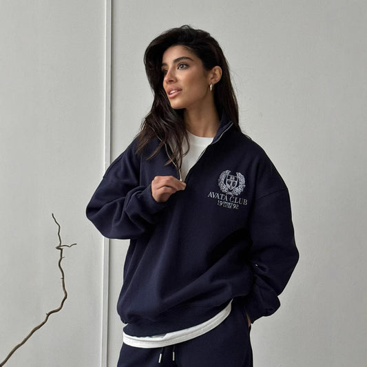 Women’s Sweatshirt – Oversized Fit – Half Zip – Embroidered Front – Cotton Blend