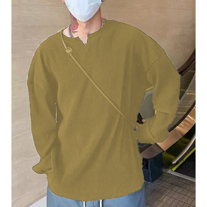 Men’s Long Sleeve T-Shirt – Ribbed Knit – Relaxed Fit – V-Neck Casual Layer