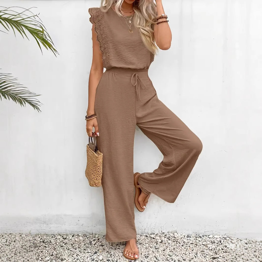 Women’s Loungewear Set – Cotton Blend – Sleeveless Lace Trim – Wide-Leg Drawstring Pants