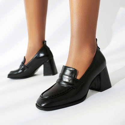 Women’s Loafer Shoes – Structured Fit – Square Toe – Mid Block Heel – Slip-On Style