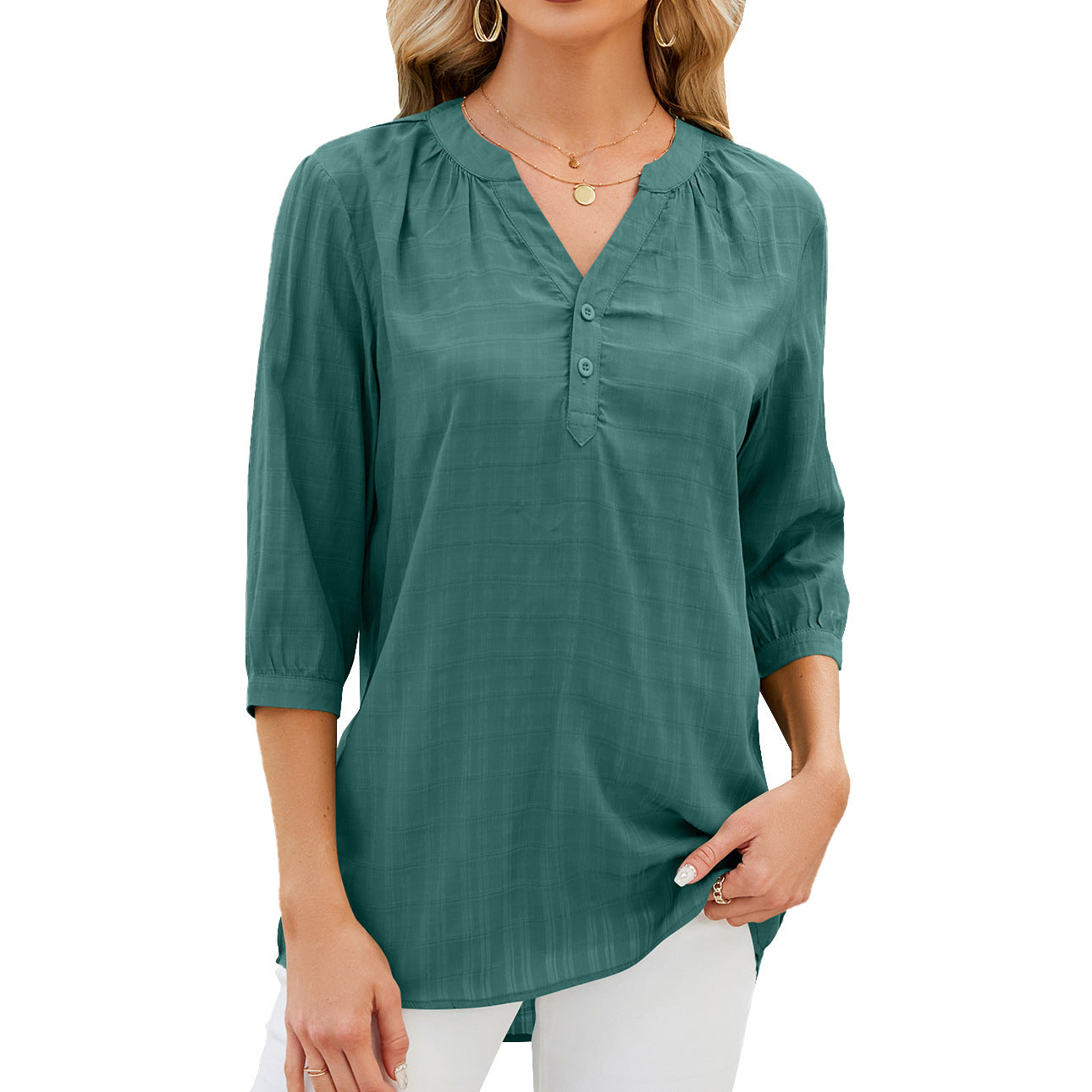 Women’s Blouse – Relaxed Fit – Cotton Blend – 3/4 Sleeve – Button Front