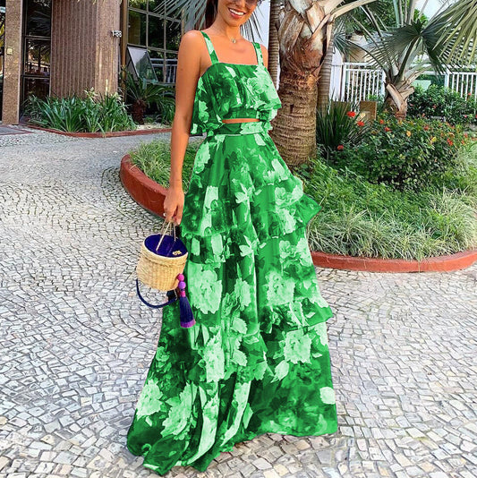 Women’s Two-Piece Set – Spaghetti Strap Crop Top – High-Waist Ruffle Maxi Skirt