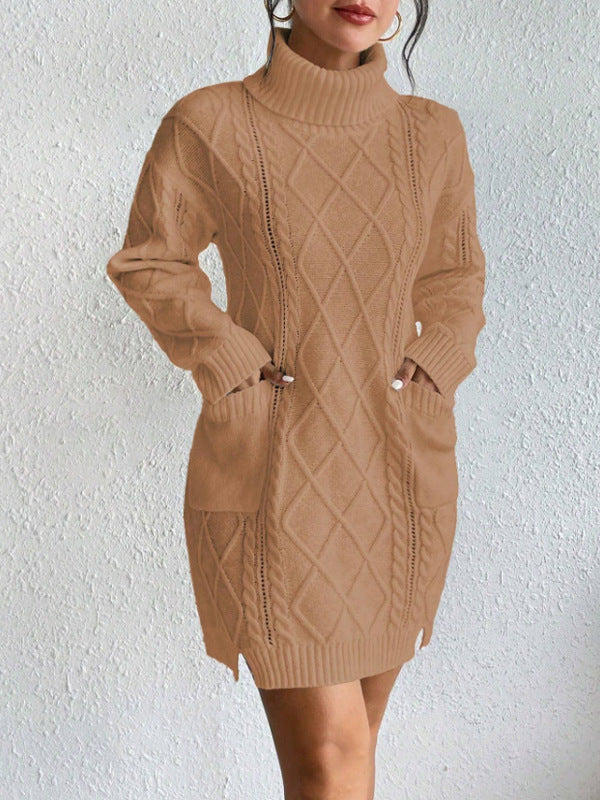 Women’s Sweater Dress – Cable Knit Wool Blend – Slim Fit – High Neck – Long Sleeve – Short Length