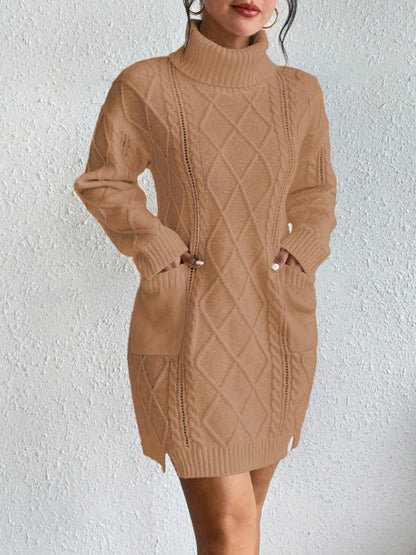 Women’s Sweater Dress – Cable Knit Wool Blend – Slim Fit – High Neck – Long Sleeve – Short Length