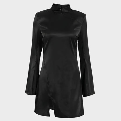 Women’s Satin Mini Dress – Form-Fitting – Stand Collar – Bell Sleeve – Slit Hem