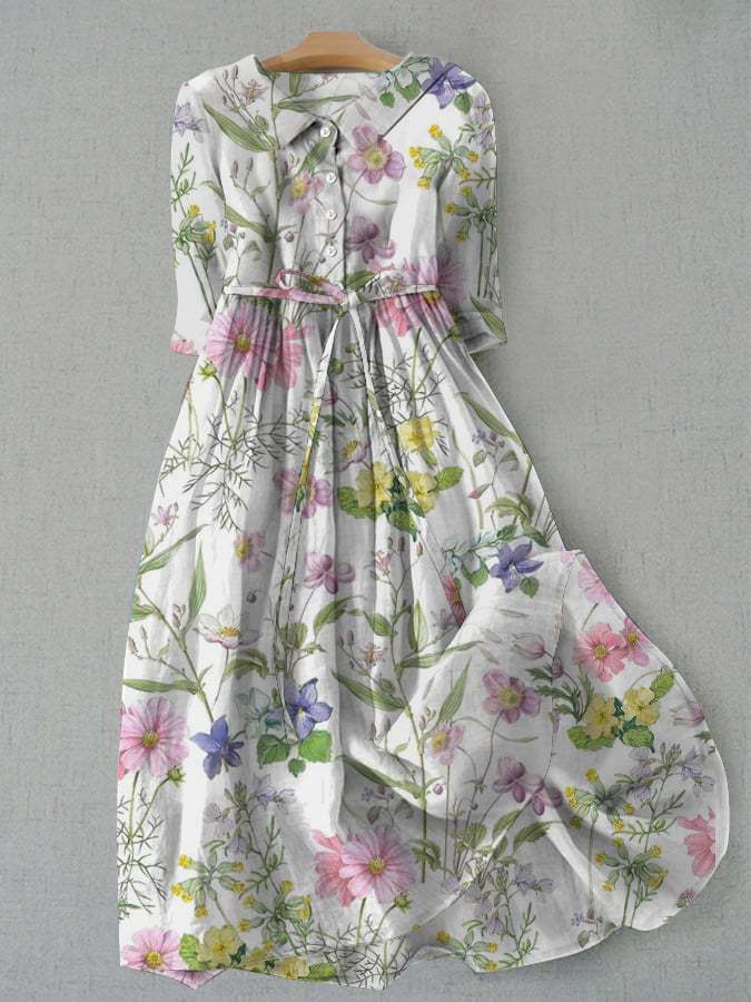 Women’s Midi Dress – Vintage Floral Print – Relaxed Fit – Belted Waist – 3/4 Sleeve