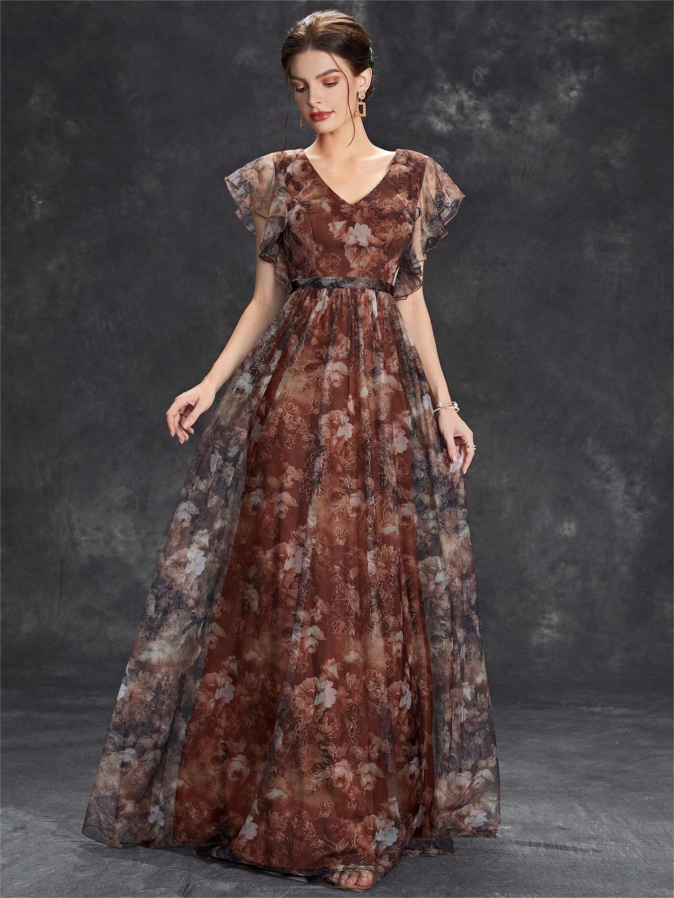 Women’s Maxi Dress – Flowing Fit – Sheer Fabric – V-Neck – Floral Ruffle Sleeves