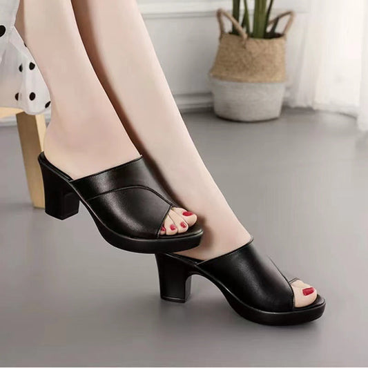 Women’s Heeled Mules – Block Heel – Peep Toe – Slip-On Fit