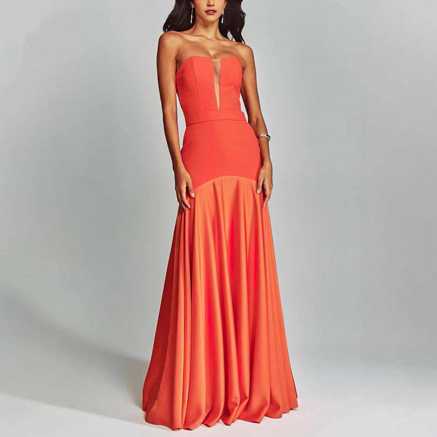 Women’s Strapless Gown – Satin Finish – Slim Fit – Plunging Neckline – Floor Length