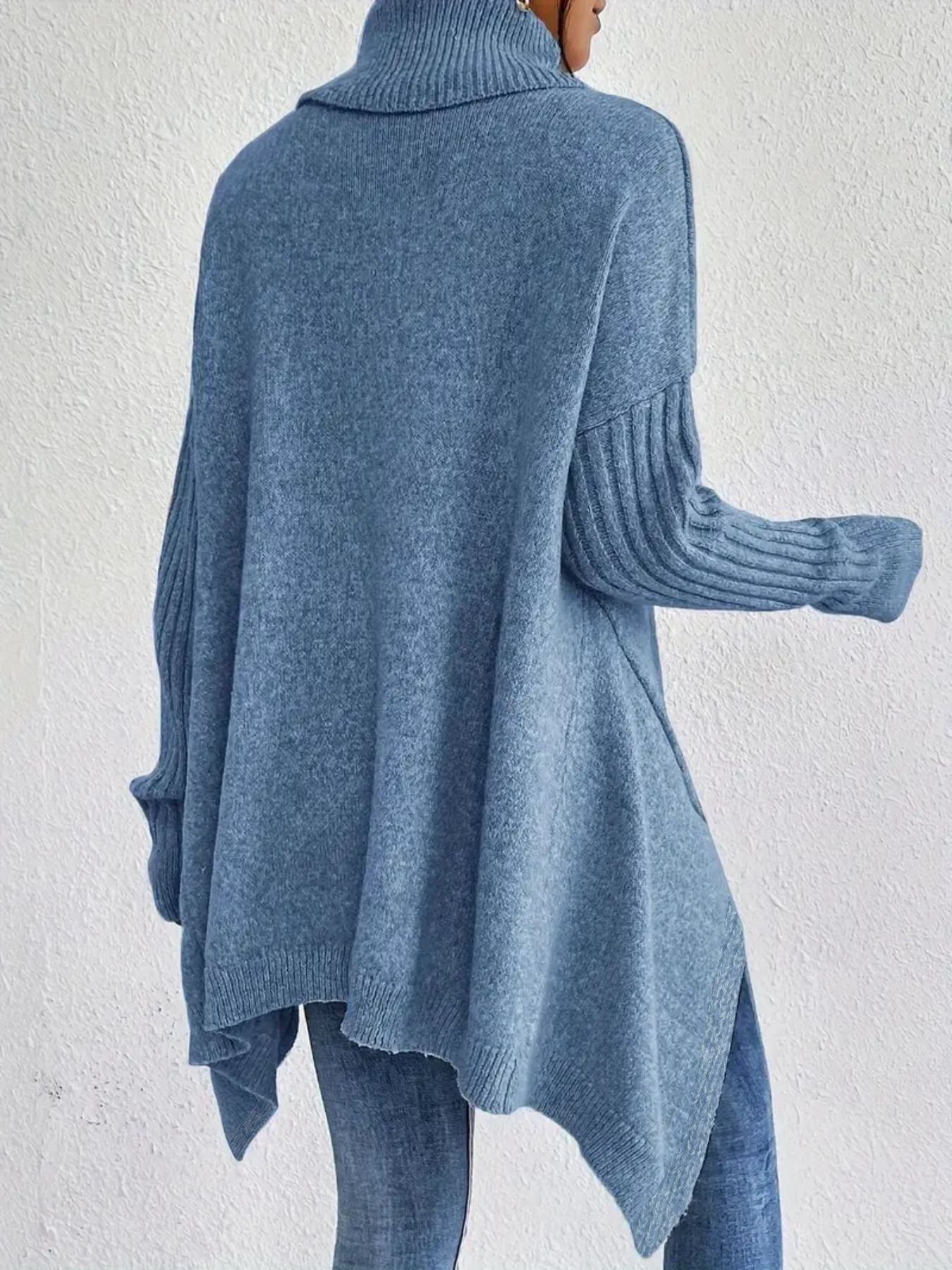 Women’s Turtleneck Sweater – Oversized Fit – Knitted Wool Blend – Asymmetrical Hem
