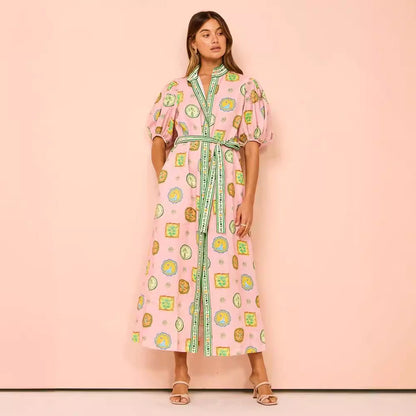 Women’s Midi Dress – Relaxed Fit – Lantern Sleeve – Button Down – Tie Waist – Graffiti Print