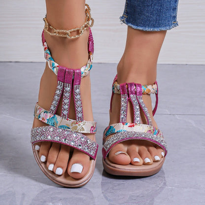 Women’s Wedge Sandals – Rhinestone T-Strap – Braided Floral Ankle – Boho Style