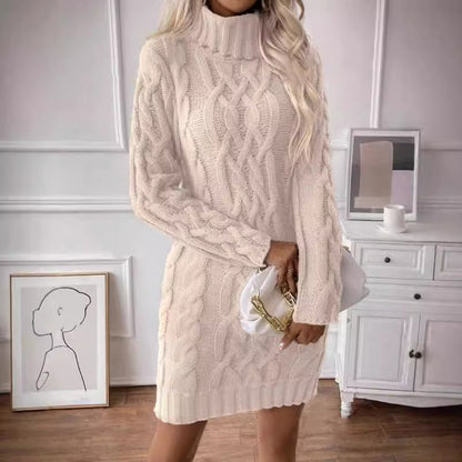 Women’s Sweater Dress – Wool Blend – Slim Fit – Cable Knit – Turtleneck – Mini Length