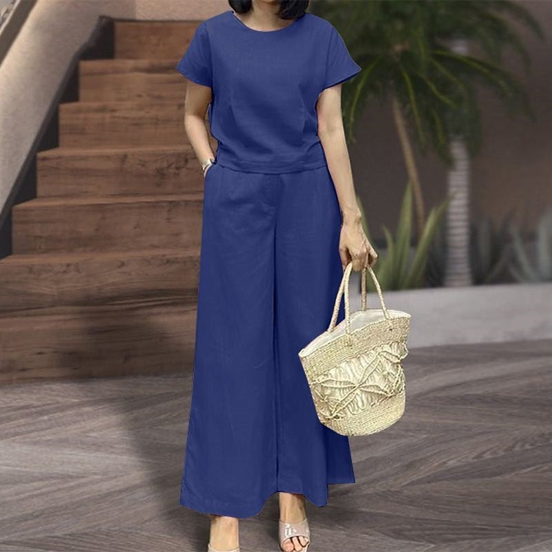 Women’s Two-Piece Set – Relaxed Fit Breathable Blend – Crew Neck Top – Wide-Leg Pants