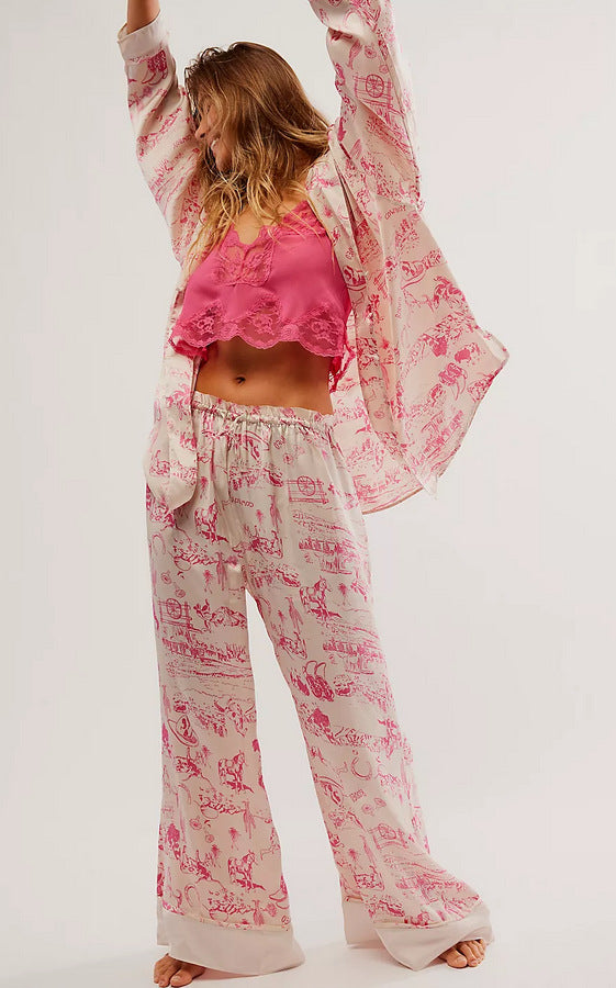 Women’s Pajama Set – Relaxed Fit – Button-Up Top – Wide-Leg Printed Pants