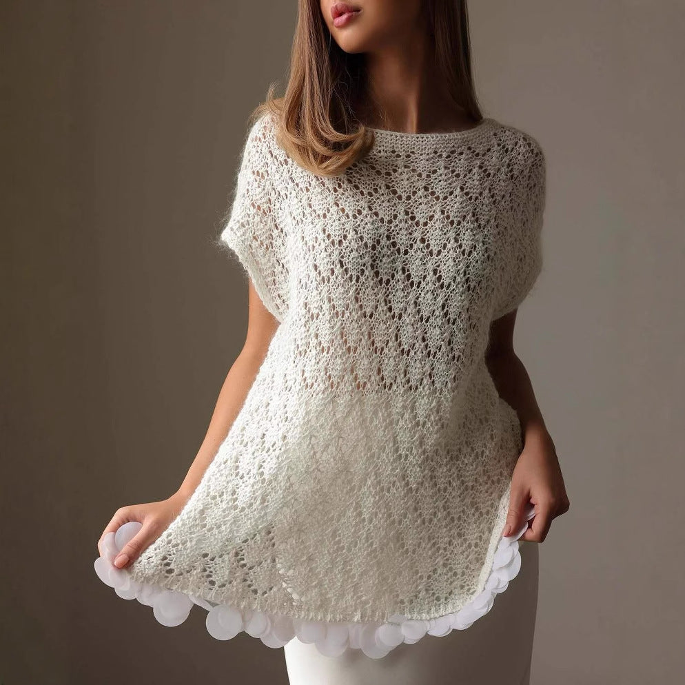 Women’s Knitted Pullover Top – Loose Fit – Lace Hem – Short Sleeve – Belted Waist