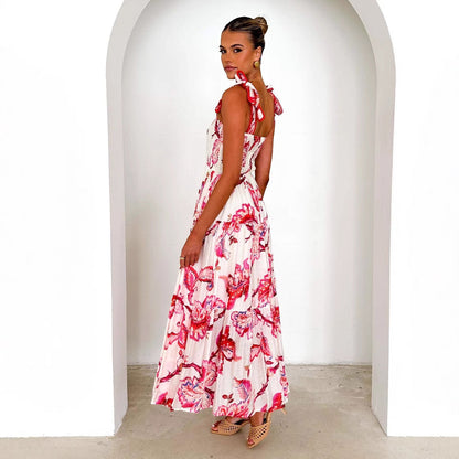 Women’s Maxi Dress – Shirred Bodice – Adjustable Straps – Tiered Skirt – Floral Print