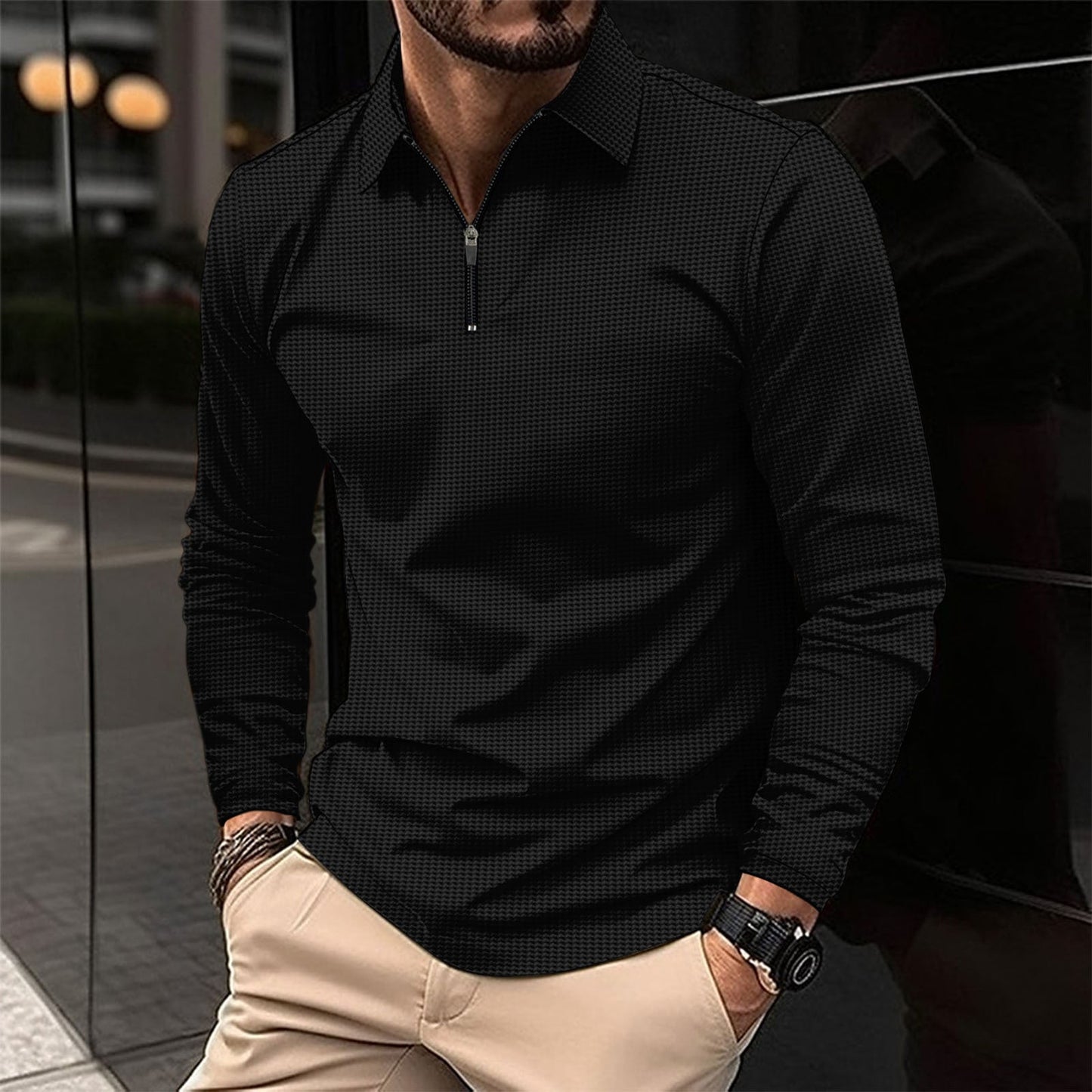 Men’s Long Sleeve Athletic Shirt – Slim Fit – Zip Collar – Stretch Fabric