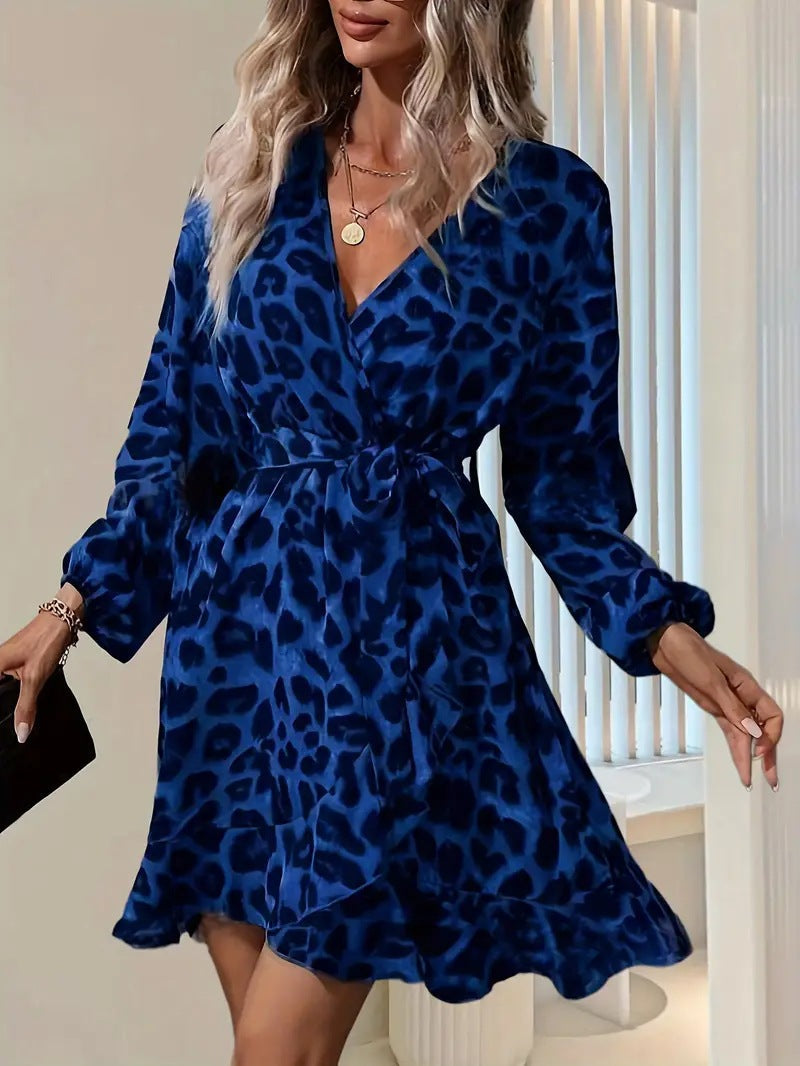 Women’s Wrap Midi Dress – V-Neck – Tie Waist – Balloon Sleeve – Leopard Print