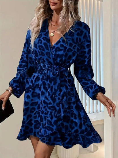 Women’s Wrap Midi Dress – V-Neck – Tie Waist – Balloon Sleeve – Leopard Print