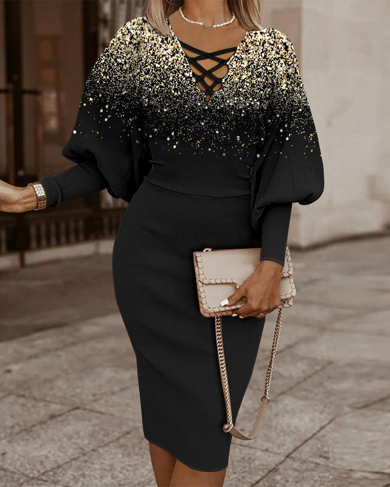 Women’s Bodycon Dress – V-Neck Crisscross – Plaid Midi – Long Sleeve