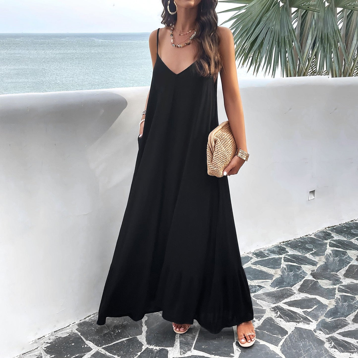 Women’s Maxi Dress – A-Line Fit – V-Neck – Spaghetti Straps – Lace Detail – Cotton Blend