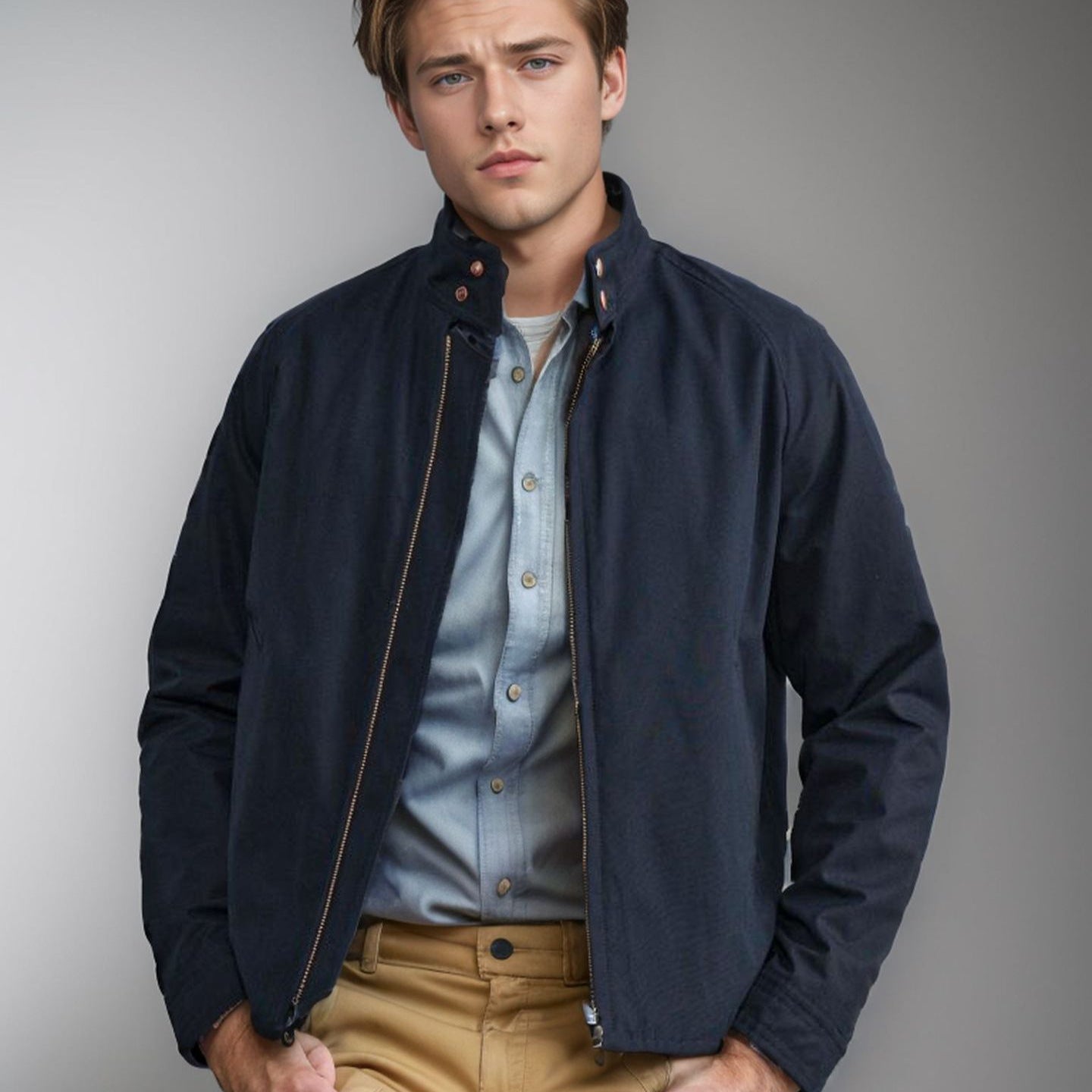Men’s Jacket – Slim Fit – High Collar – Cotton Blend – Zipper Front – Casual Wear