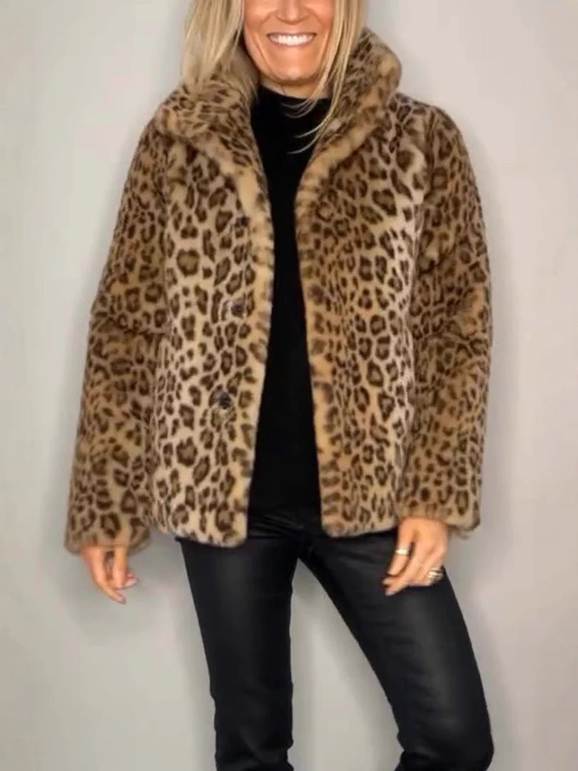 Women’s Coat – Faux Fur – Oversized Fit – Leopard Print – Notched Collar – Casual Style