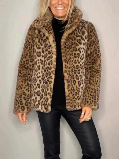 Women’s Coat – Faux Fur – Oversized Fit – Leopard Print – Notched Collar – Casual Style