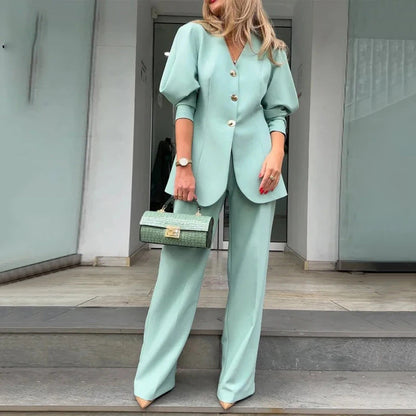 Women’s Suit Set – Loose Fit – Lantern Sleeve – Structured Formal Silhouette