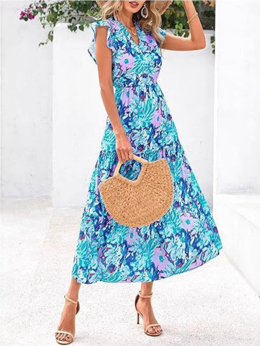 Women’s Mid-Length Dress – V-Neck – Flutter Sleeves – Relaxed Fit – Breathable Blend – Printed