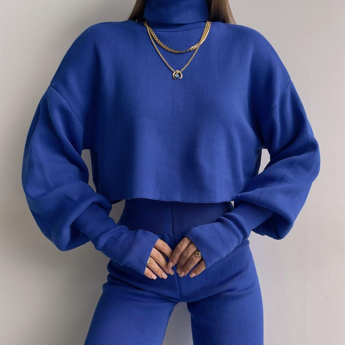 Women’s Lounge Set – Soft Knit Relaxed Fit – High Neck Crop Top – Wide Leg Pants