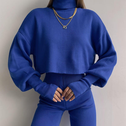 Women’s Lounge Set – Soft Knit Relaxed Fit – High Neck Crop Top – Wide Leg Pants