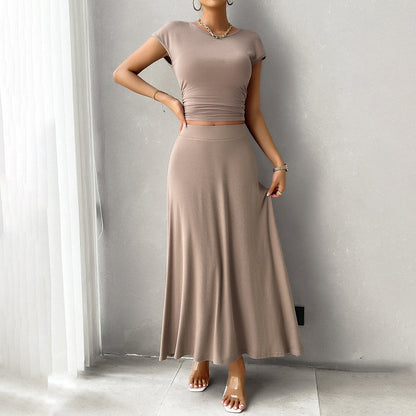 Women’s Crop Top and Skirt Set – Slim Fit Ruched Top – Full-Length Flowing Skirt
