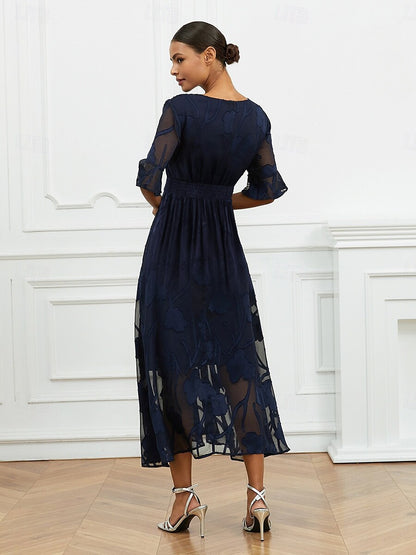 Women’s Maxi Dress – Lace Floral – V-Neck – Flutter Sleeve – Semi-Formal Fit