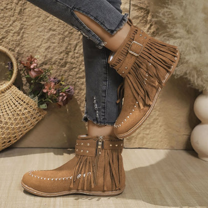 Women’s Ankle Boots – Suede Look – Fringe Detail – Metal Studs – Flat Sole Zip