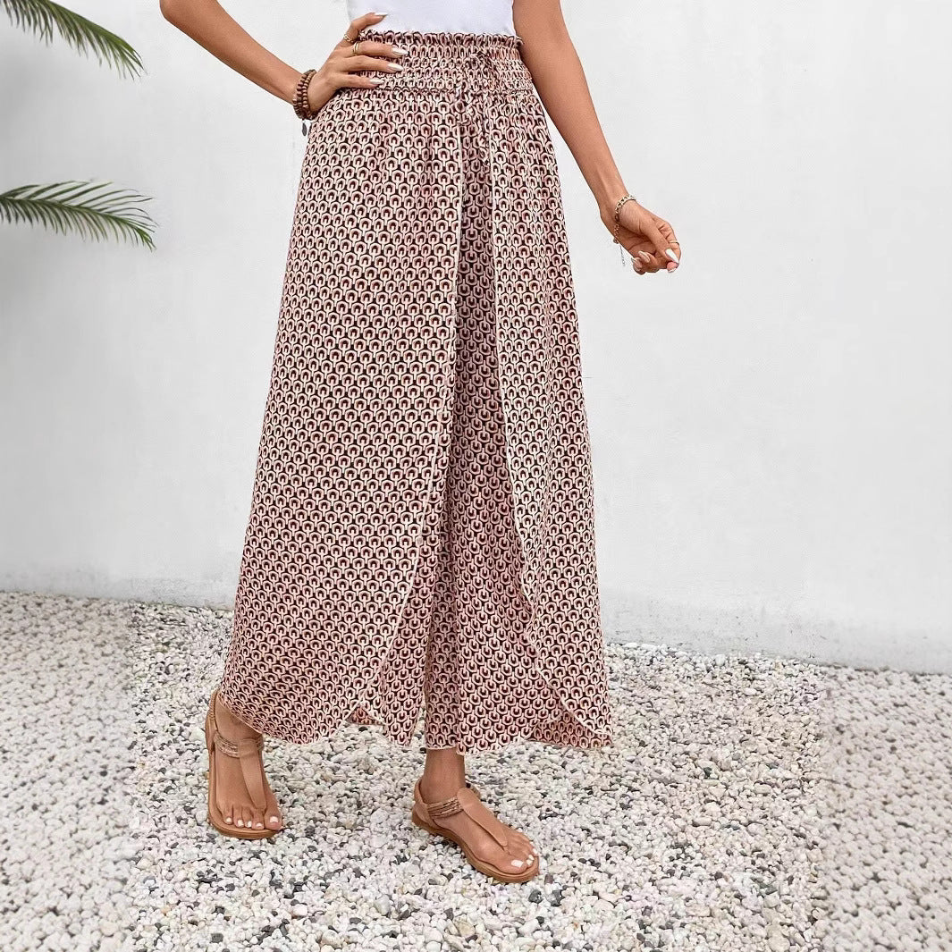 Women’s Wide-Leg Skirt Pants – Relaxed Fit – Floral Print – Side Slits – Breathable Blend