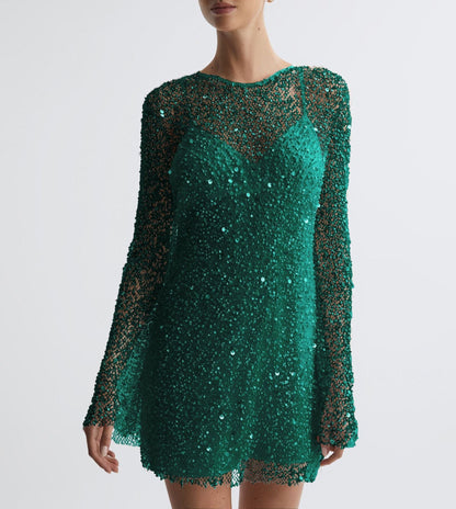 Women’s Cocktail Dress – Fitted Silhouette – Sequin Overlay – Long Sleeve – Mini Length