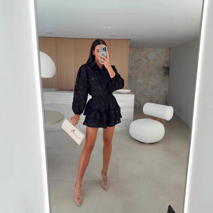 Women’s Two-Piece Lace Set – Puff Sleeve Top – Cinched Waist – Ruffled Mini Skirt