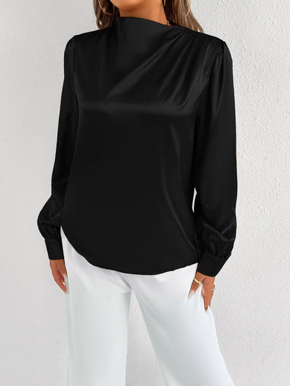 Women’s Blouse – Relaxed Fit – High Neck – Long Sleeve – Luxury Fabric – Minimalist Style